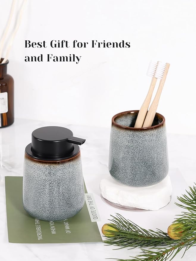INGOFIN Ceramic Toothbrush Holder, 12 oz Toothpaste Holder Bathroom Cup, Tooth Brush Holder for Vanity Countertop, Organizer Storage for Cosmetic, Makeup, Office Pencils, Kiln-Glazed Grey White