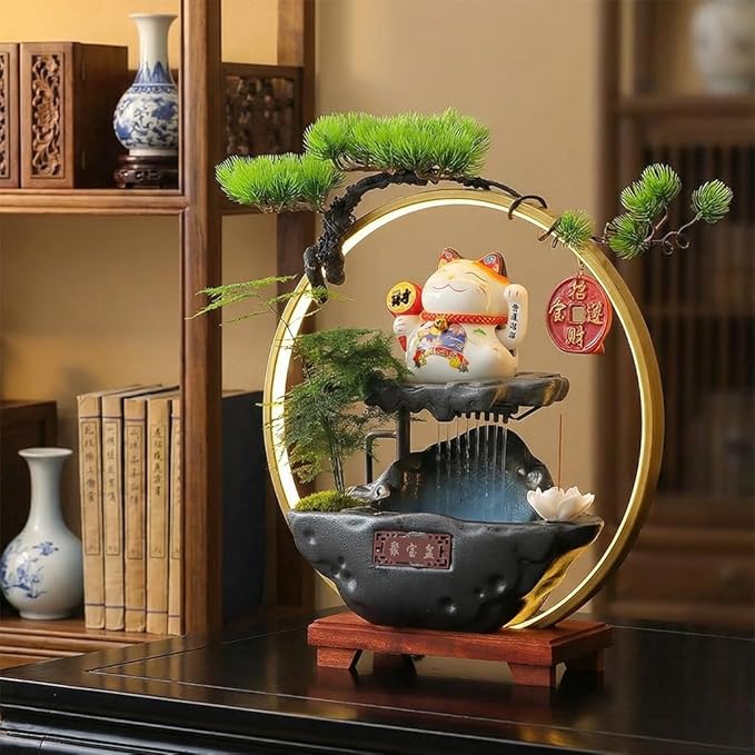Chinese Ceramic Lucky Statue Cat - Automatic Waving Arm,Tabletop Waterfall Fountain Indoor& Backflow Incense Burner Holder,Adjustable USB LED Light Ring,Money Cat for Home Office Store