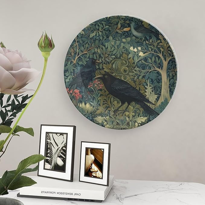 William Morris Raven Blue Green Floral Decorative Plate, Raven in The Forest Art Custom Wall Art Hanging Plate for Club Table Decor, with 1 Display Stand Art Decorations for Display Kitchen
