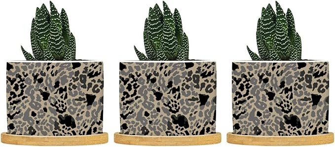 Leopard Black and Light Brown Dot Ceramic Planters African Tribal Animal Print Planters for Indoor Plants with Drainage Holes and Saucers Pot for Outdoor Garden Home Plant