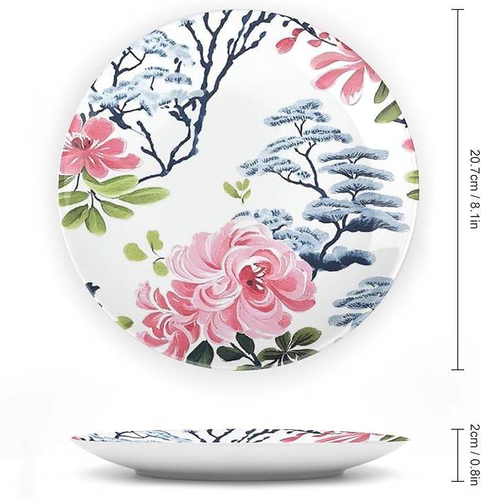Chinoiserie Asian Floral Ceramic Decorative Plate for Display Pink Flowers in White Festival Wedding Supplies Wall Household Holiday Party Decorations Customize Gifts for Men Women Wedding
