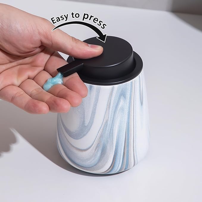 12Oz Ceramic Liquid Soap Dispenser - Modern Lotion Hand Soap Dispenser with Easy-to-Press Black Pump, Reusable and Refillable Dish Soap Dispensers for Bathroom & Kitchen, Marble Blue