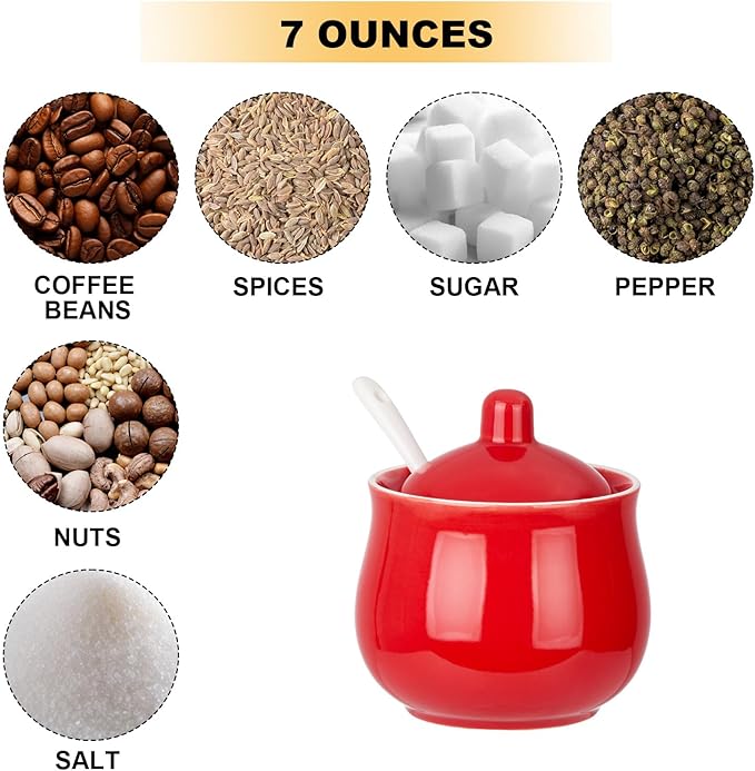 Ceramic Sugar Bowl with Lid and Spoon, Red Porcelain Sugar Salt Pepper Storage Jar, 7 Ounces