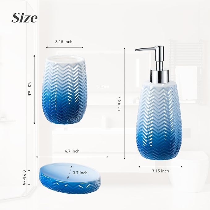 Blue Bathroom Accessories Set, 3Pcs Ceramic Bathroom Accessory Set Complete/Lotion Soap Dispenser, Toothbrush Holder, Soap Dish, Silver Bathroom Decor Sets, Gift for Home Apartment