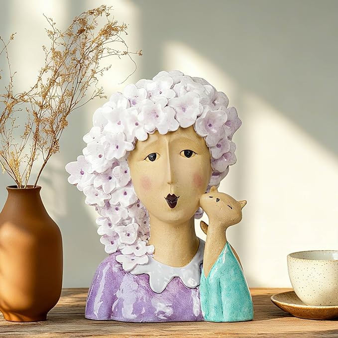 DiliComing Garden-Statues Women-Head Statues for Home Decor - 13 Inch Women with Cat Modern Art Statue, Resin Cat Sculptures for Garden, Tabletop, Livingroom and Office(Purple)