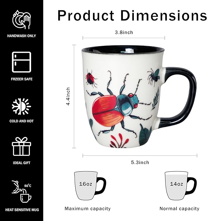 16 oz Beetle Mug - Color Changing Ceramic Coffee Cup for Insect Lovers - Novelty Bug Themed Gift for Men and Women