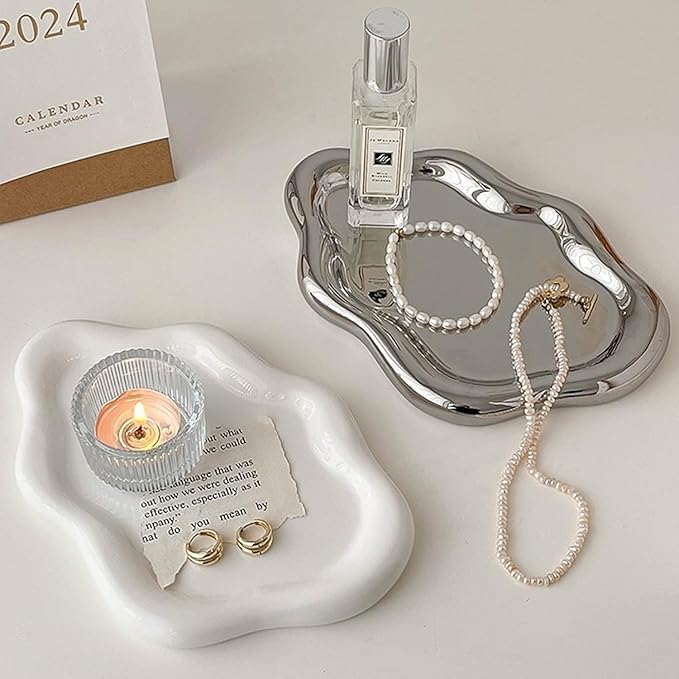 Small Jewelry Dish for Women, Gifts for Mom, Ceramic Jewlery Tray Ring Holder, Vanity Ring Dish Cute Cloud Tray, Nightstand Decor Trinket Bowl for Earrings, Perfume, Keys, White Jewelry Plate