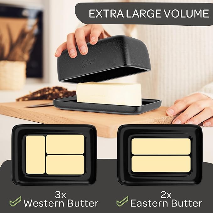 STEINZEIT Butter Dish with Lid (4.9 in x 6.9 in) - Ceramic Butter Dish - Large Butter Container for 2 pcs of Western Butter - Butter Dish with Lid for Countertop - Butter Holder Dishwasher Safe