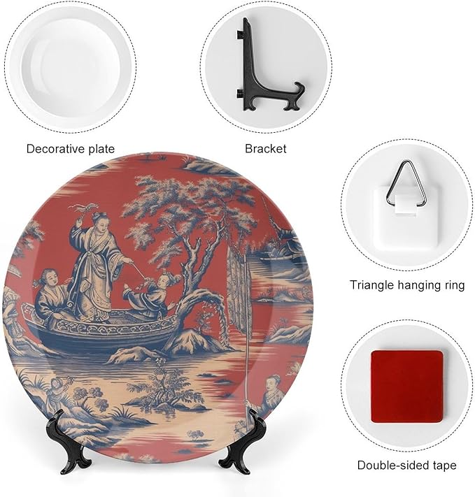 Cheng Toile Dynasty Red Chinoiserie Decorative Plate for Display Festival Table Supplies Wedding Farmhouse Holiday Party Decorations Customize Gifts for Men Women Wedding, 6", 7", 9", 10"