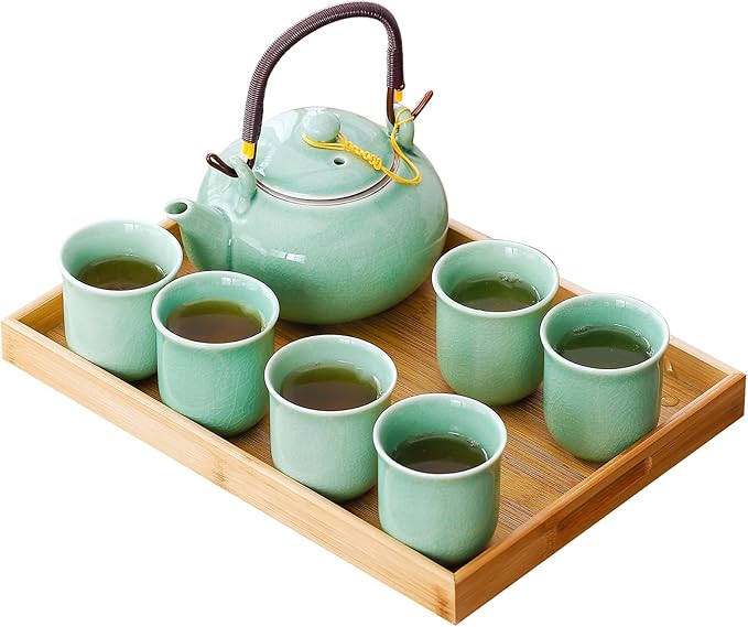 Japanese Tea Set for Adults, Japanese Gongfu Tea Set with 1 Teapot (23.5oz/700ml), 6 Tea Cups(4oz/120ml), Tea Tray & Stainless Infuser, Japanese Teapot Set Tea Gift Set (Kiln Mint Green)
