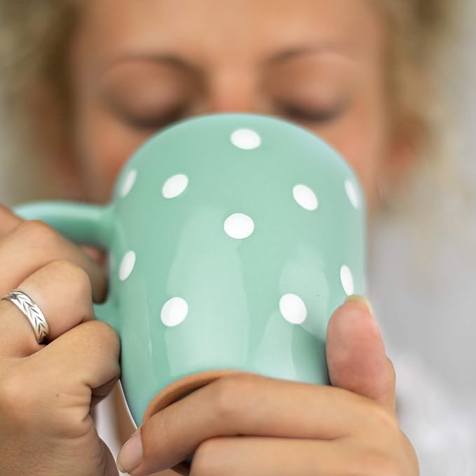 City to Cottage Ceramic Cappuccino Mug with Large Handle, 10oz Coffee Mug for Latte Hot Chocholate Tea, Daily Morning Dring at Home Office Work, Christmas Housewarming Gift Turquoise Blue Polka Dot