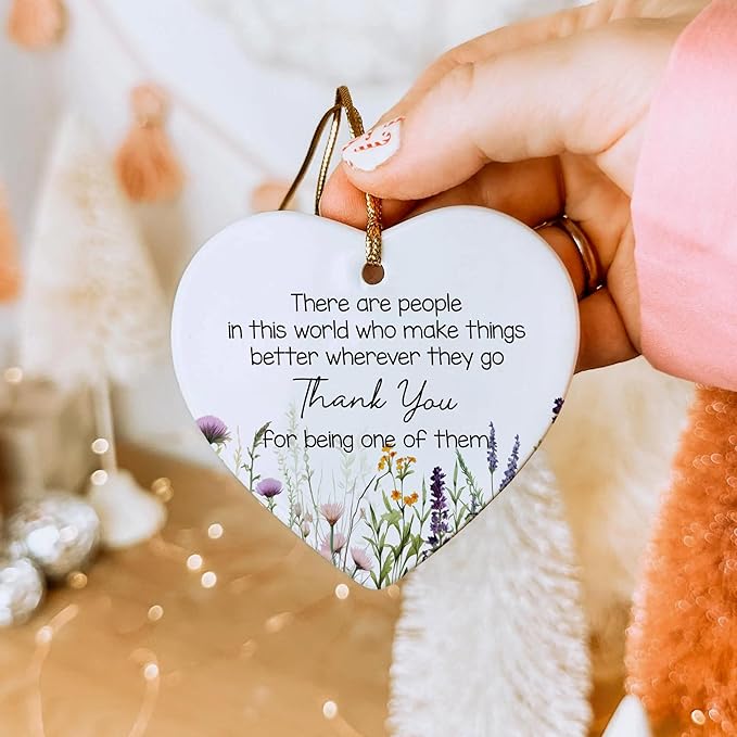 NGHYANA Christmas Tree Ornaments 2025 Heart Shaped Ceramic Thank You Ornament with Wildflower Design – 3.1 Inch Hanging Gift for Appreciation, Gratitude, Teachers, Friends, Coworkers