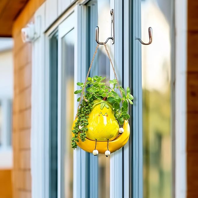 Cute Hanging Planter Pot - Swing Smiley Planter for Indoor Outdoor Plants - Ceramic Succulent Plant Pot with Face