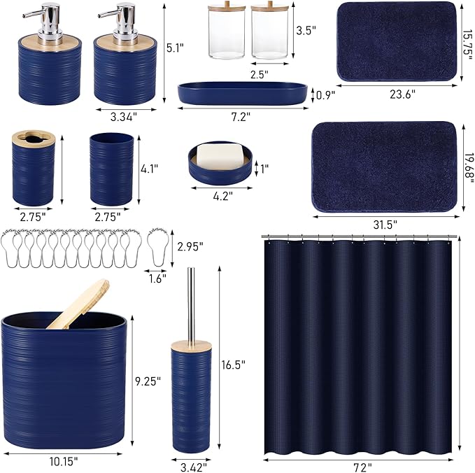 Bathroom Set - Navy Blue Bathroom Accessories Set, Bathroom Sets with Shower Curtain and Rugs, 25PC Shower Curtain Set with Hooks, Soap Dispenser, Soap Dish, Toilet Brush Holder and Trash Can