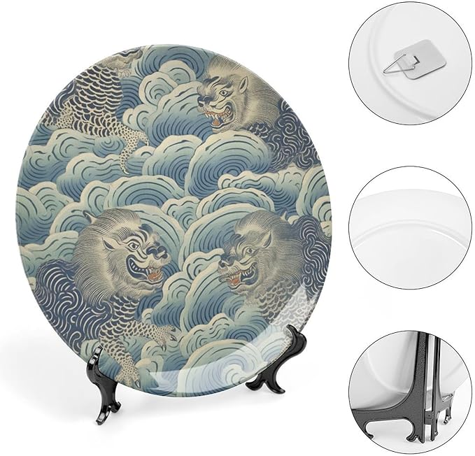 Blue Tibet Tiger Plates Ceramic of 6", 7", 9", 10", Customize Dinner Plates, Home Household Decorations Housewarming Gifts, 1 Plate with 1 Display Stand
