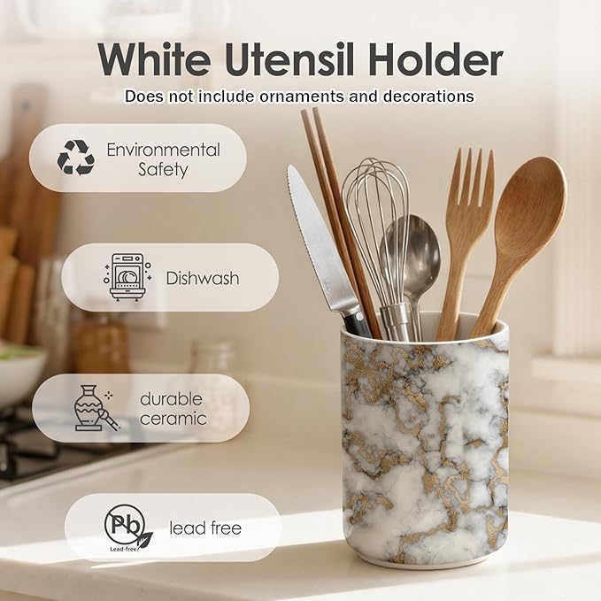 Marble utensil holder,Countertop Ceramic Utensil Holder,Large Cooking Utensil Crocks for Kitchen Counter Decor, Ceramic Vase for Kitchen Utensils, H6.3 xD4.7(marble)
