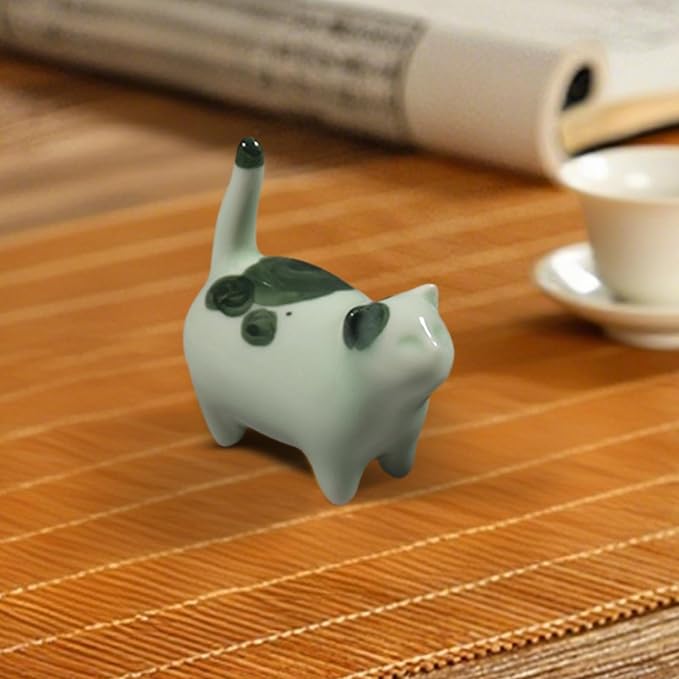 Kung Fu Tea Pet Ceramic Lucky Cat Sculpture Ornament for Tea Ceremony Desk Decor 3.27x2.95 inch- Green