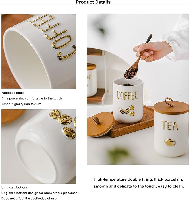 YYW Kitchen Canisters for Countertop, White Airtight Ceramic Canister with Seal Wooden Lid Storage Container for Coffee Bean Ground Coffee Sugar and Tea (Three piece)