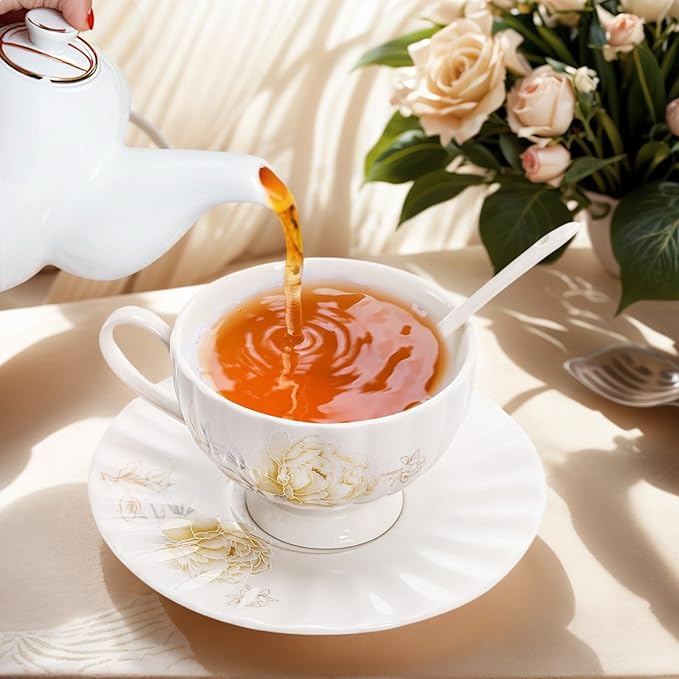 Tea Cups and Saucers Set of 6, 7 Oz Floral Tea Cups, White Porcelain Tea Cup with Saucer, British Coffee Cups Sets for Women Teas Party, Cappuccino, Latte, Microwave Safe
