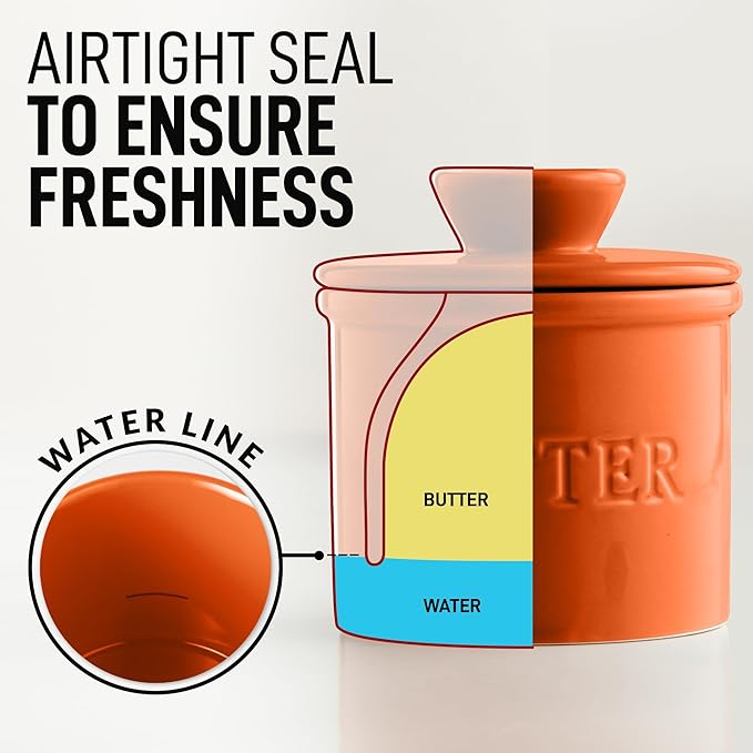 Zulay Kitchen Bell Shaped Butter Crock with Lid for Countertop with Water Line & Spreader Knife, Ceramic French Butter Dish Keeper For Fresh, Soft & Spreadable Butter - Orange