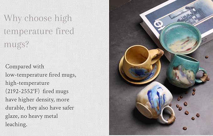 8oz Small Vintage Japanese Style Handmade Ceramic Tea Cup with Saucer , Lead-Free Cappuccino Mug, Artisanal Coffee Mug with saucer set,Handcrafted mug with handle, For Espresso, Latte ,(1, White)