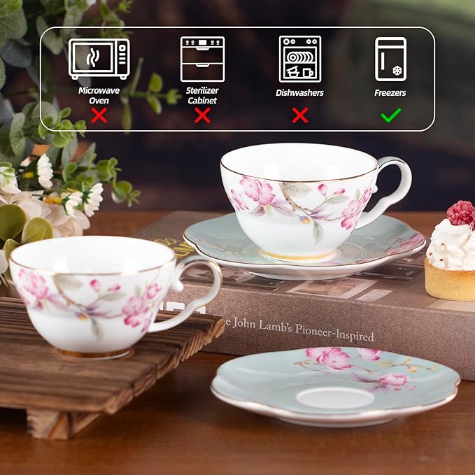 KAMMAK Ceramic Coffee Cups Saucers Set of 2, Porcelain Espresso Cups with Saucers, 5.41 oz Handmade Elegant Bone China Tea Cup, Ceramic Floral Pattern Demitasse for Latte, Americano, Cappuccino