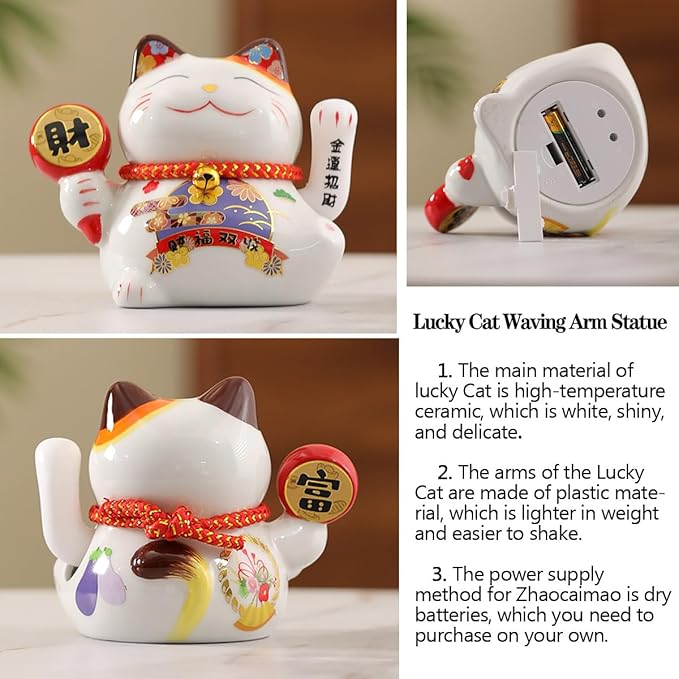 Chinese Ceramic Lucky Statue Cat - Automatic Waving Arm,Tabletop Waterfall Fountain Indoor& Backflow Incense Burner Holder,Adjustable USB LED Light Ring,Money Cat for Home Office Store