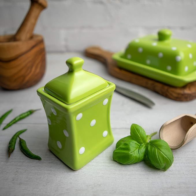 City to Cottage Handmade Small 5.3oz/150ml Ceramic Kitchen Herb, Spice, Storage Jar with Lid, Pottery Canister, Housewarming Gift (Green Polka Dot)