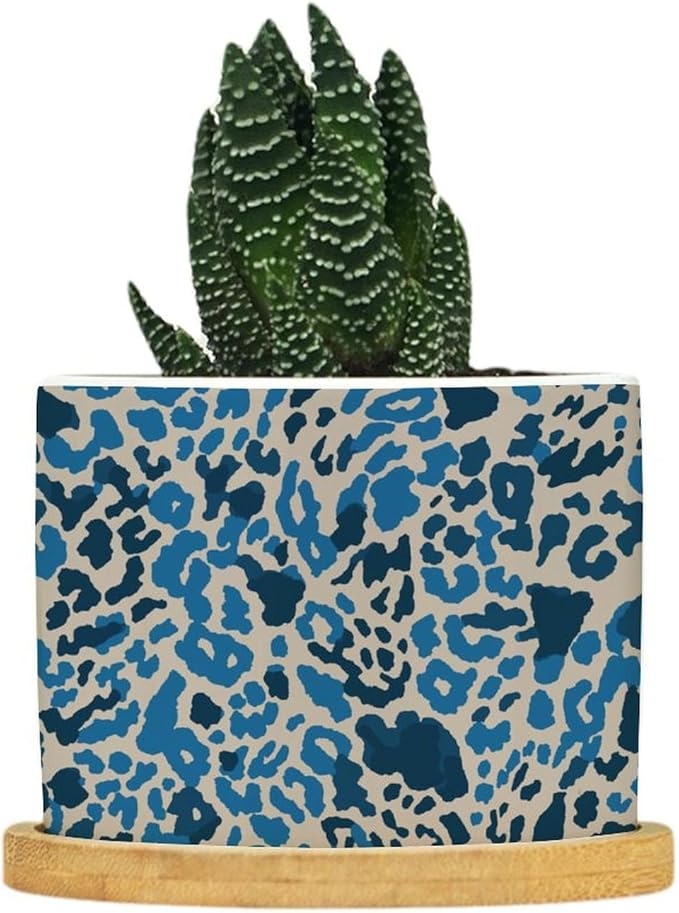 Leopard Blue and Light Brown Dot Ceramic Planter African Tribal Animal Print Snake Plant Live Indoor with Pot with Drainage Holes and Saucers Pot for Home Desktop Office Windowsill