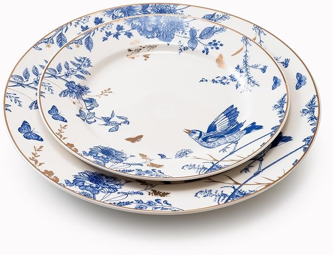 Porcelain Dinner Plates 4 Pieces, Floral Plates 8 Inch & 10 Inch Ceramic Dessert Plate Blue and White Floral Dinnerware Set Salad Plate Set for Kitchen Dishes for Appetizer, Salad, Steak, Pancakes