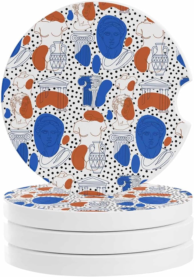 Pop Art Style Car Coasters Pack of 4 Blue Red Classical Sculptural Heads Polka Dot Absorbent Ceramic Car Cup Holder Coaster Insert Drink Holder SUV Interior Accessory with Finger Notch
