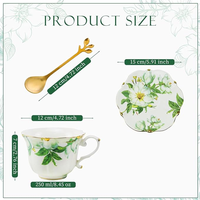 TATSUMI Country Roses 18 Peices Bone China Tea Cup And Saucer Set, English Vintage Tea Cups Of 6 For Women And Tea Party Sets(Green, 6 sets)