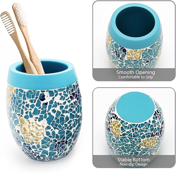 Handmade Blue Mosaic Glass Bathroom Accessory Sets 4PCS Bathroom Accessories Set Complete Includes Lotion Dispenser Toothbrush Holder Tumbler Cup & Vanity Tray