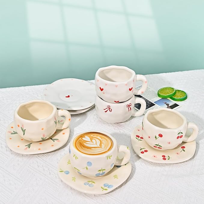 Koythin Ceramic Coffee Mug with Saucer Set, Cute Creative Fresh Fruit Cup Unique Irregular Design for Office and Home, 10 oz/300 ml for Latte Tea Milk