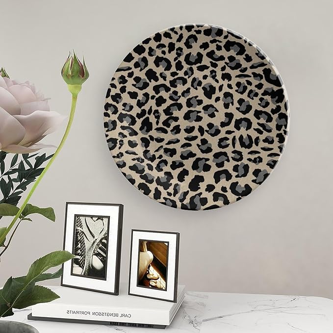 Leopard Animal Print Black in Brown Background China Plates, Animals Wildlife with Textures Customize Wall Art Hanging Plate for Office Wall Home Decor, with Vertical Stand Art Decor for Wedding