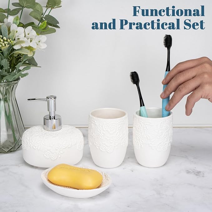 Ceramic White Bathroom Accessory Sets Embossed Design Look, Includes Bathroom Soap Dispenser with Rust-Proof Plastic Pump 13.5oz & 2Pcs Ceramic Cup,1Pcs Soap Dish