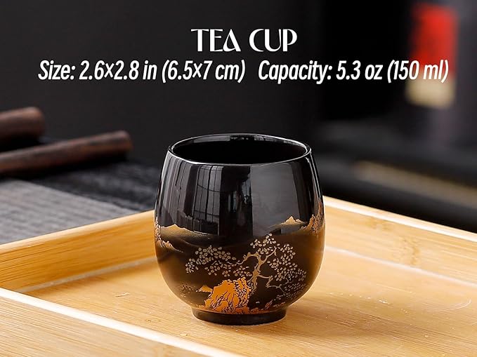 Traditional Japanese tea set, Japanese teapot set, Asian Black glazed tea set with 1 Teapot, 6 Tea cups, 1 Tea strainer, 1 Tea tray (Landscape Black)