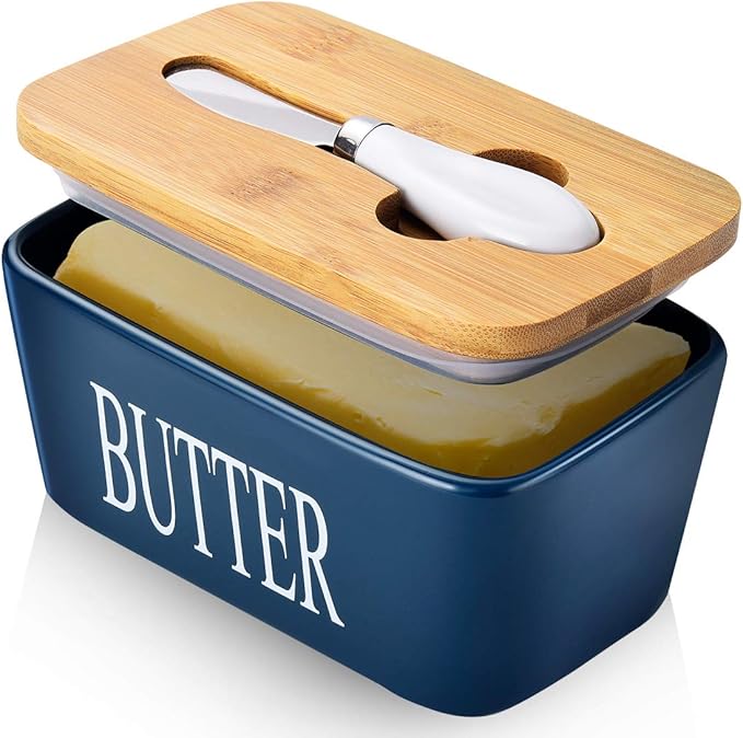 Butter Dish with Lid, Home Decor, Large Butter Dish for Countertop Ceramic Butter Keeper Container with Knife and High Quality Silicone Sealing Good Kitchen Gift Blue