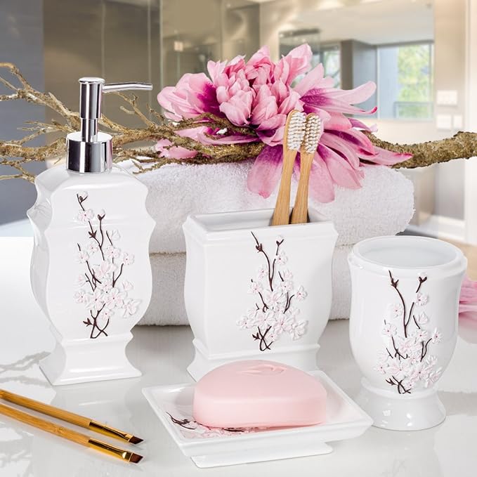 Creative Scents Vanda White Soap Dispenser Bathroom Countertop Hand Lotion Pump - Lotion Dispenser for Liquid Soap with Durable Pump, Modern Cherry Blossom Style