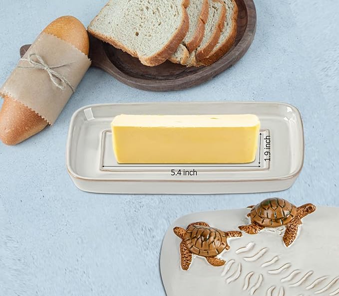 Turtle Stylish Ceramic Butter Dish Covered with Lid and Handle - Modern Countertop Butter Storage