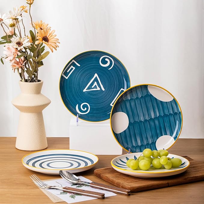Yeacccng Japandi Dinner Plates Set of 4, 8 Inch 10 Oz Blue Striped Ceramic Plates, Shallow Salad Plates, Lead-Free Cadmium-Free, Dishwasher Microwave Oven Safe, Scratch-Resistant Serving Plates