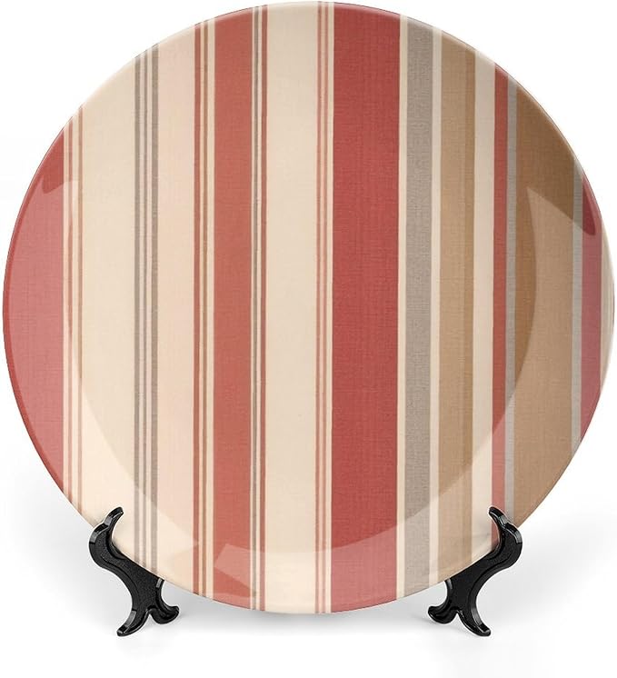 Home Decorations China Plates, Thibaut Coral Orange And White Stripes Customize Christmas Gifts Ceramic Dinner Plates for Table Housewarming Gifts Farmhouse Decor, with Vertical Stand