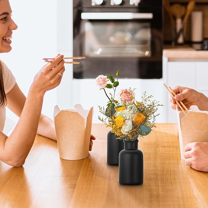 Handmade Ceramic Vase for Dried Flowers - Modern Farmhouse Home Decor, Ribbed Textured Vase for Shelf, Table, Mantel & Entryway Décor Black for Living Room & Bookshelf Display