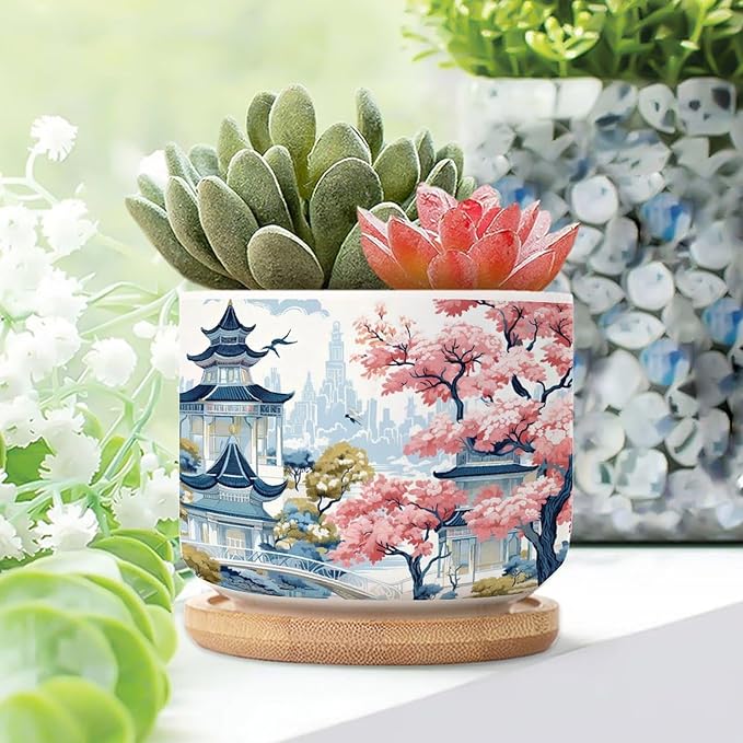 Blue Asia Tiered Tower Coral Pink Flower Ceramics Plant Pot Set of 2 Chinoiserie Garden Scenery Cactus Planter for Indoor with Drainage Chinoiserie Style Small Plant Pot Ceramic