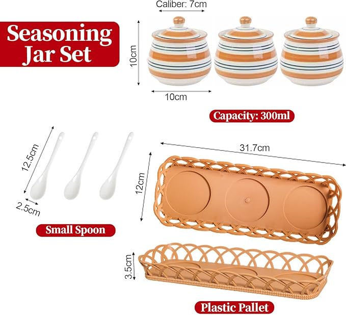 Kitchen Ceramic Condiment Jars with Lids and Spoons, 3 Piece Porcelain Seasoning Jar Set for Salt Spice Pepper Suger Bowl, Coffee Tea Container Pot with Serving Tray - Orange Round