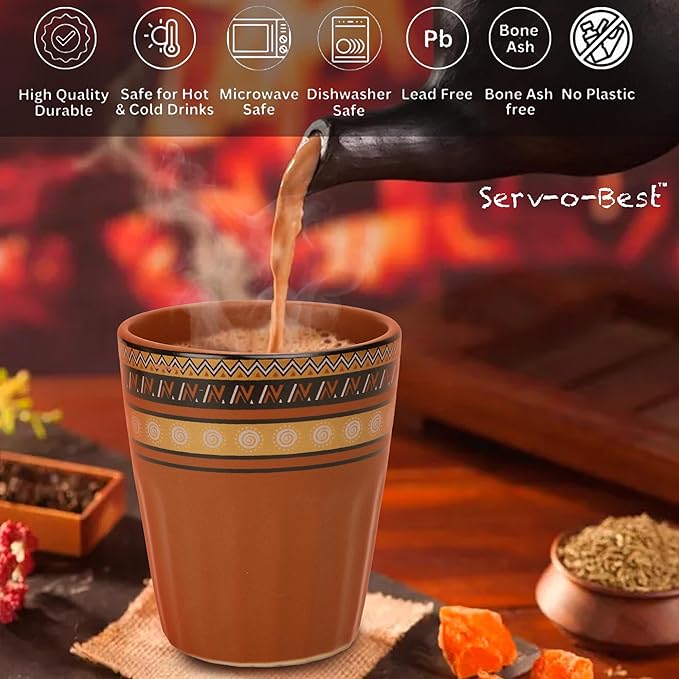 Handmade Cantaritos de Barro Ceramic Tea Cups Set – 6 Desi Kulhad Chai/ Coffee (5 oz Capacity), Lead-Free, Dishwasher & Microwave Safe, Glazed, finish Clay Tea/ kulhar/ kullar - Brown Rangoli desgin