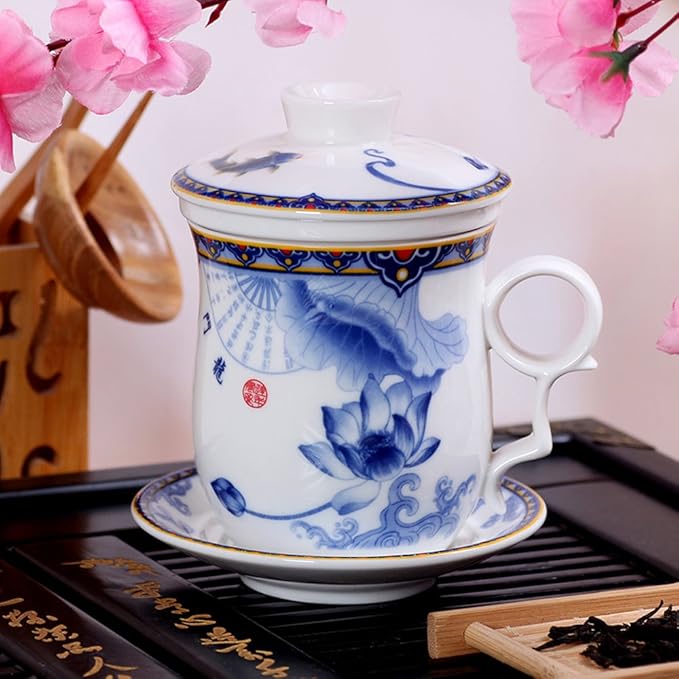 Porcelain Tea Cup with Infuser Lid and Saucer Sets - Chinese Jingdezhen Ceramics Coffee Mug Teacup Loose Leaf Tea Brewing System for Home Office
