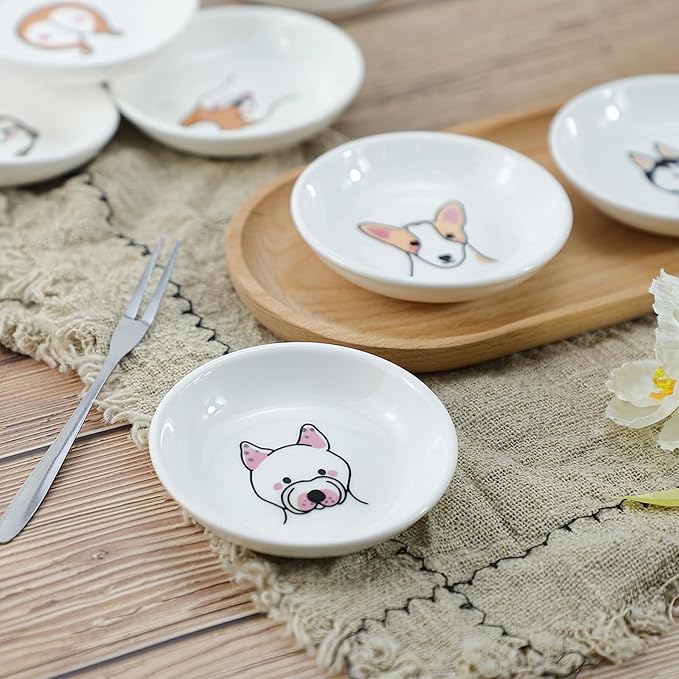 SOCOSY Super Cute Cartoon Animal Pattern Ceramic Sauce Dish/Seasoning Dish/Sushi Soy Dipping Bowl/Appetizer Plates/Serving Dish for Kitchen Home(Set of 6)-Dog Heads