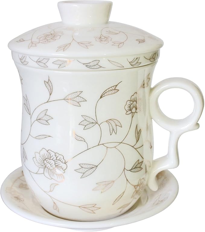 Porcelain Tea Cup with Infuser Lid and Saucer Sets - Chinese Jingdezhen Ceramics Coffee Mug Teacup Loose Leaf Tea Brewing System for Home Office