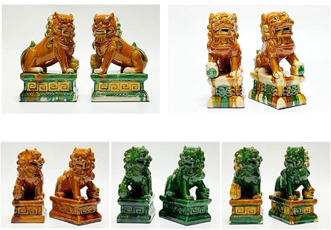 Handcrafted Ceramic Feng Shui Foo Dog Statues Pair Asian Guardian Lions for Office, Home, Housewarming, and Store Opening Gifts Traditional Chinese Decor,Green,7.48 * 12.2in